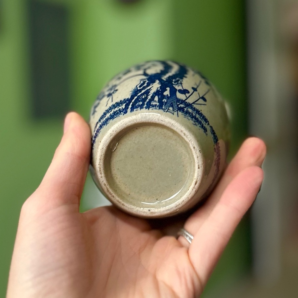 Vintage Navy Floral Pottery Oriental Mini Indoor Planter Vase Home Decor Accent - Picture 7 of 10